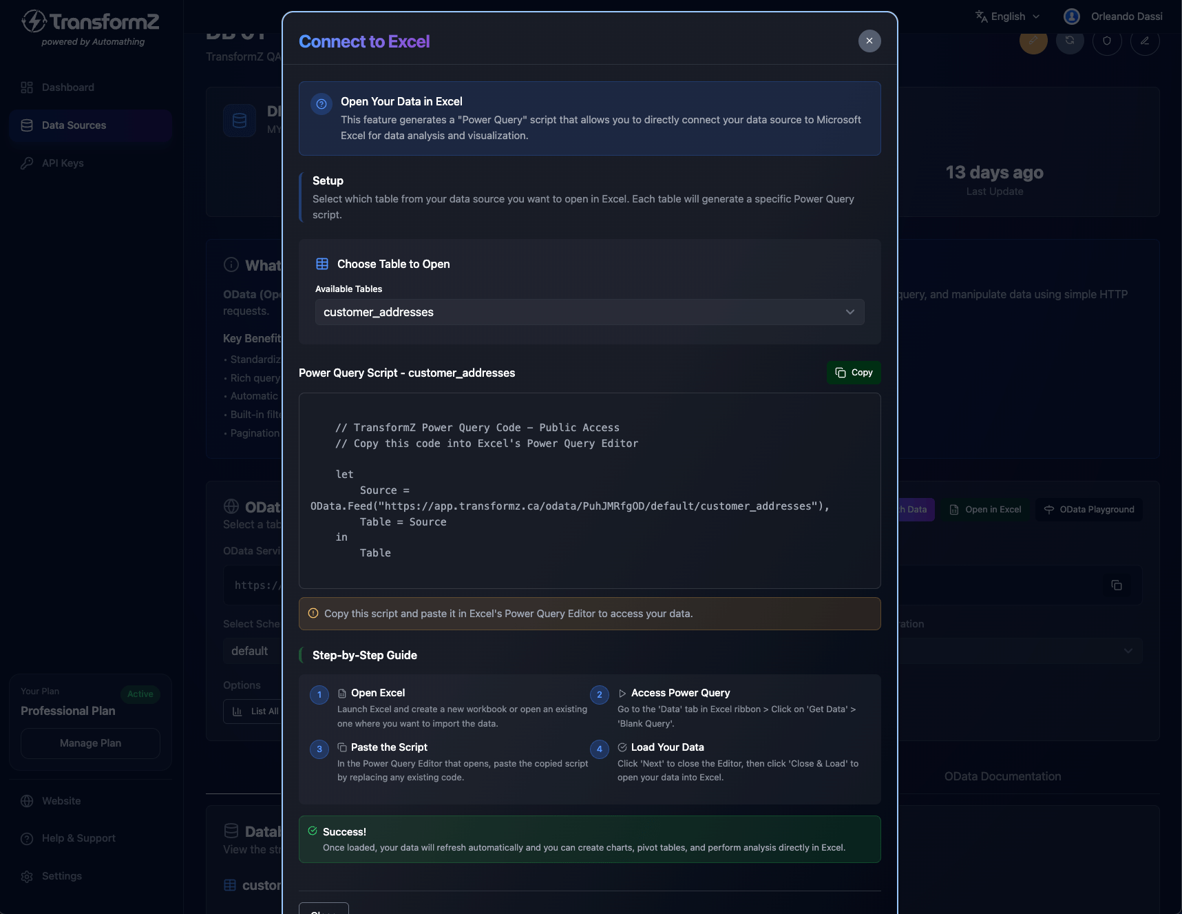 Assistant d’intégration Excel TransformZ